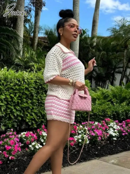 Women's Stripe Knit Short Sleeve Two Piece Set Pink – Side View