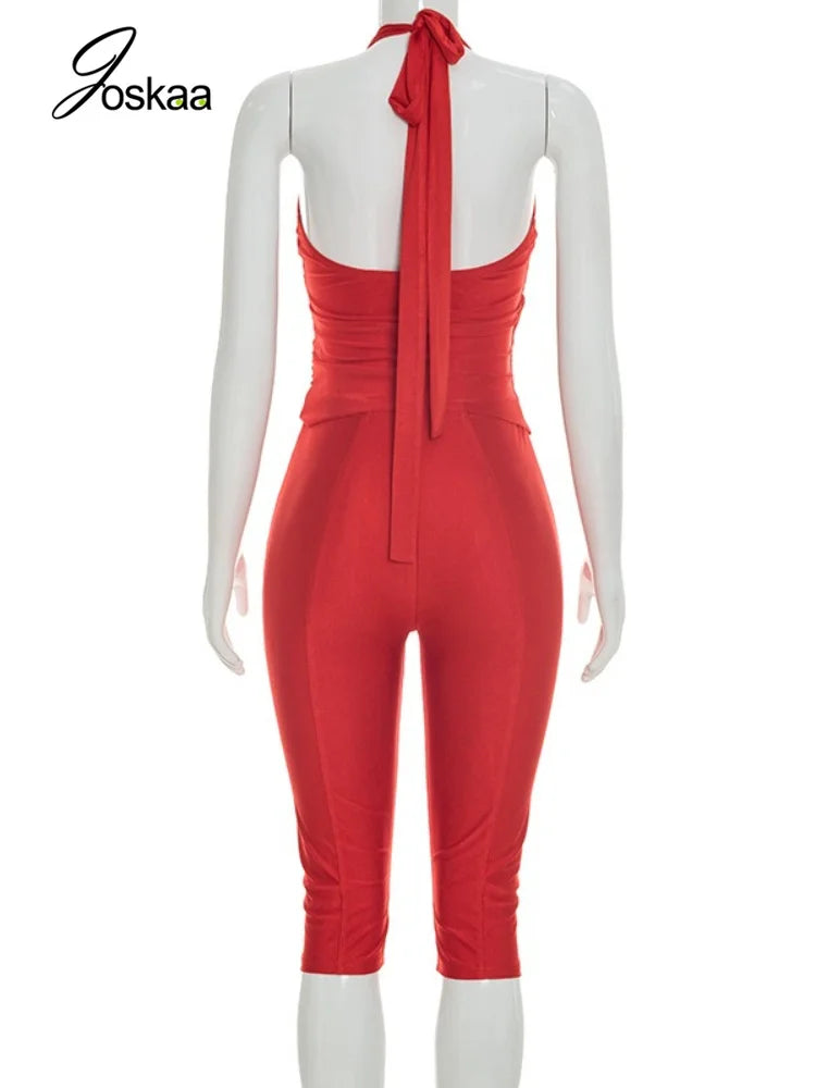 Women's Ruched Halter Crop Two Piece Set Red – Detail View