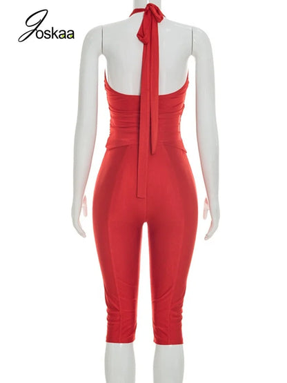 Women's Ruched Halter Crop Two Piece Set Red – Detail View