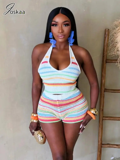 Women's Stripe Knit Backless Two Piece Set White – Side View
