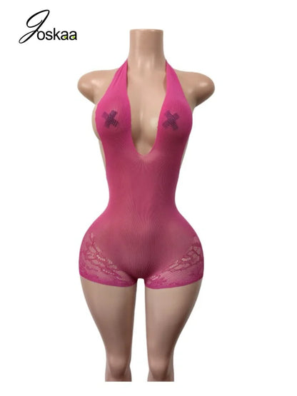 Women's Lace Backless V-neck Halter Romper - Side View