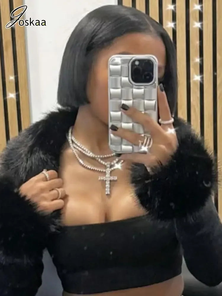 Women's Crop Faux Fur Patchwork Two Piece Set Black – Side View