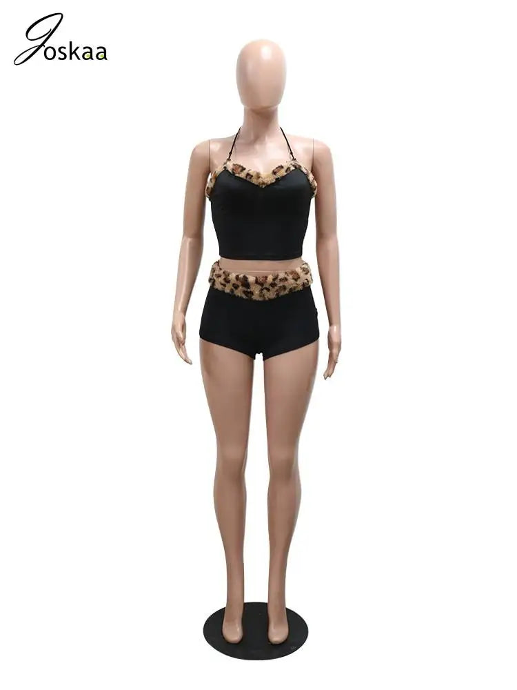 Women's Leopard Print Halter Two Piece Set Wine Red – Back View