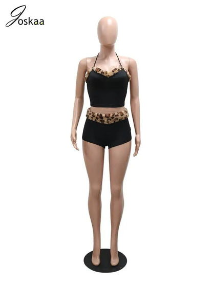 Women's Leopard Print Halter Two Piece Set Wine Red – Back View