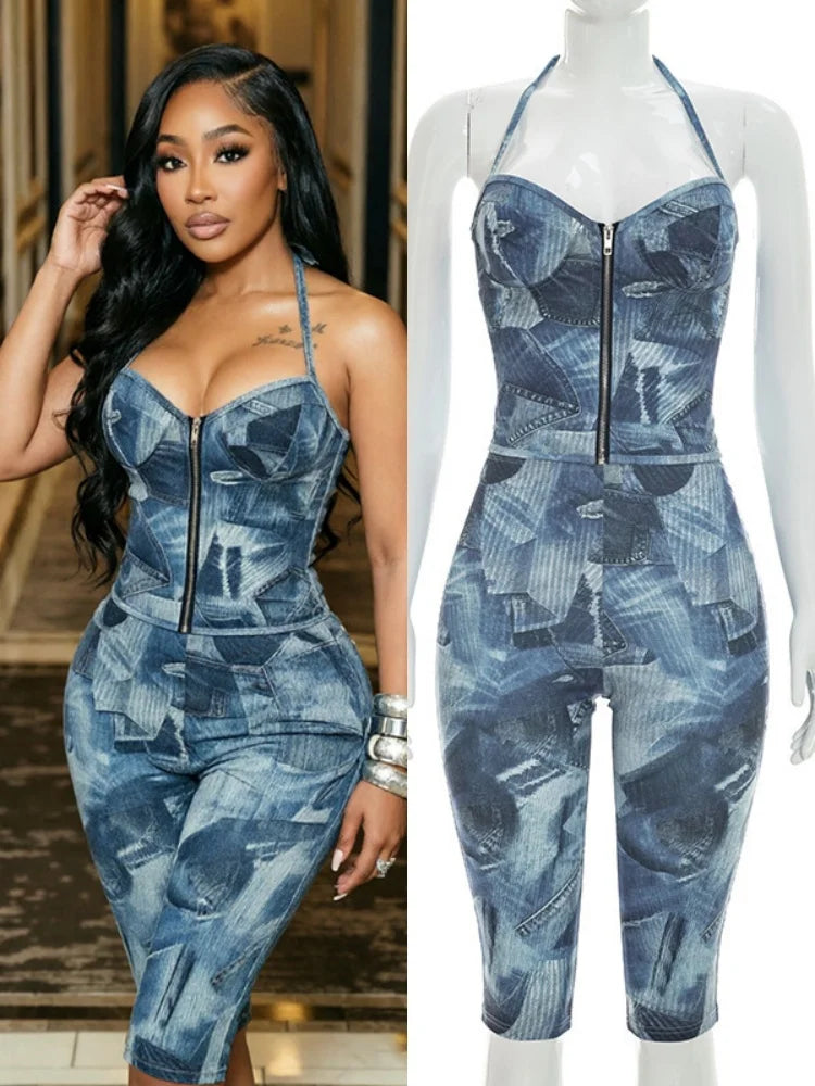 Women's Denim Print Halter Zip Up High Waist Two Piece Set - Additional View 8