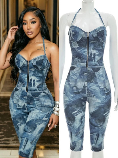 Women's Denim Print Halter Zip Up High Waist Two Piece Set - Additional View 8
