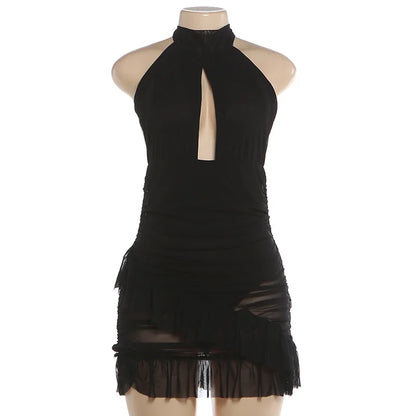Women's Mesh Backless Cutout Halter Mini Dress