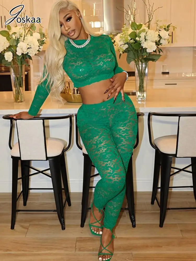 Women's Lace Long Sleeve Crop Two Piece Set – Women's Fashion Wholesale – Front View