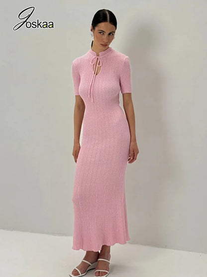 Women's Lace Knit Cutout Short Sleeve Maxi Dress Pink – Back View
