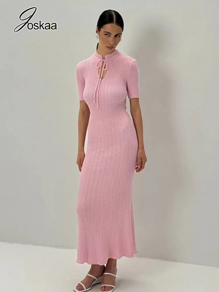 Women's Lace Knit Cutout Short Sleeve Maxi Dress Pink – Back View