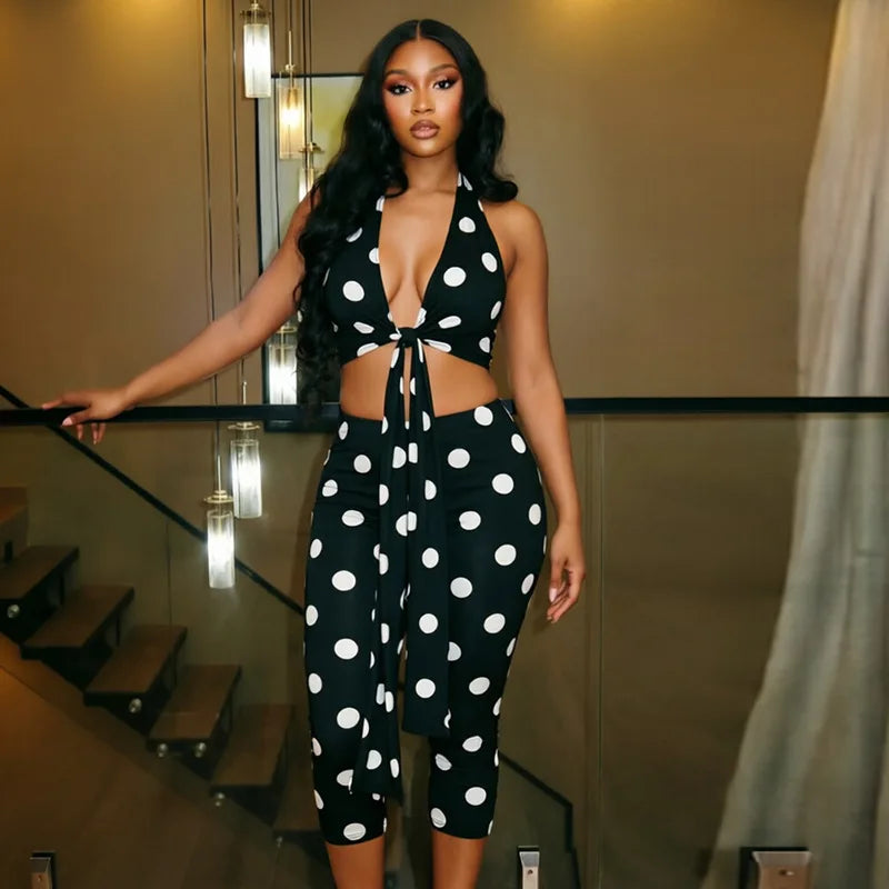 Women's Polka Dot V-neck Halter High Waist Two Piece Set - Detail View 10
