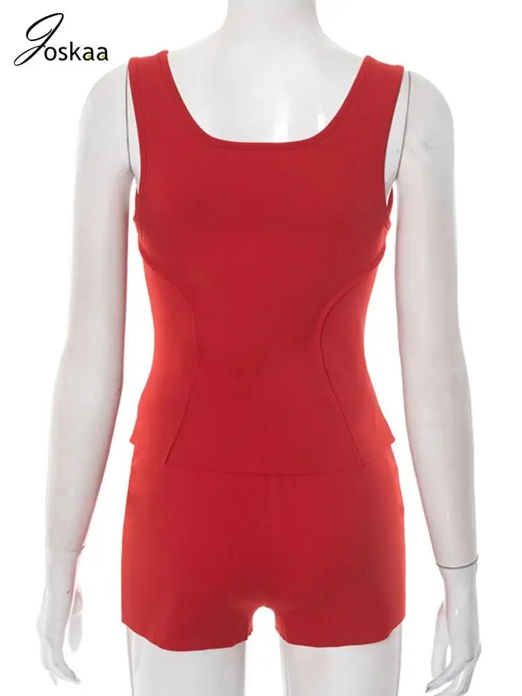 Women's Crop Zip Sport Tank Two Piece Set Red – Detail View