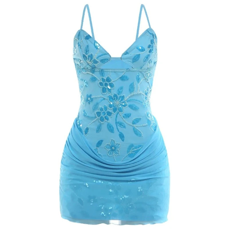 Women's Mesh Sequin Backless V-neck Mini Dress - Additional View 7
