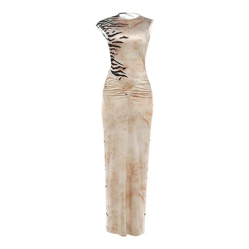 Women's Striped Ruched Backless Sleeveless Maxi Dress - Detail View 6