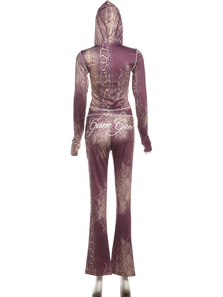 Joskaa Snake Print Zip Up Long Sleeve Crop Two Piece Set - two piece set image 4
