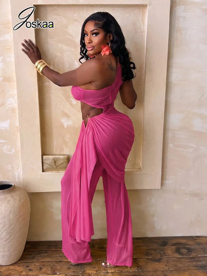 Women's Mesh Ruched Cutout One Shoulder Romper - Detail View 2
