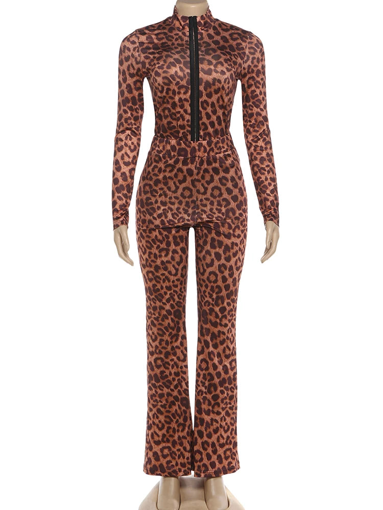 Joskaa Leopard Print Long Sleeve Flare Two Piece Set - two piece set image 2