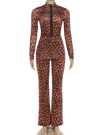 Joskaa Leopard Print Long Sleeve Flare Two Piece Set - two piece set image 2