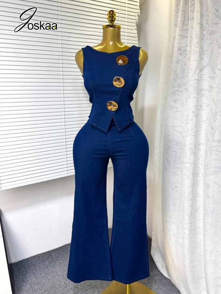 Women's Denim Crop Flare Zip Wide Leg Two Piece Set 173 – Front View
