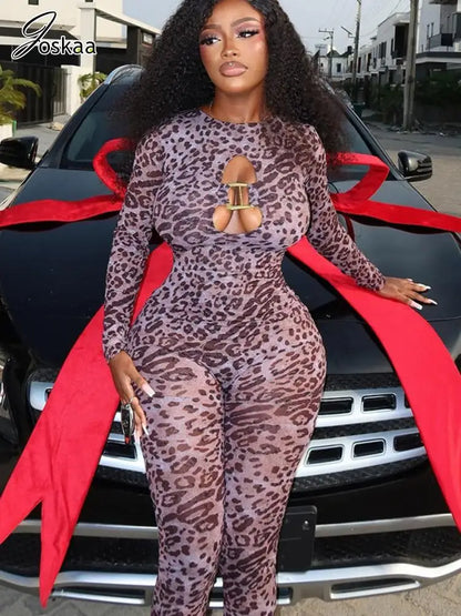 Women's Leopard Print Backless Cutout Romper Brown Leopard – Back View