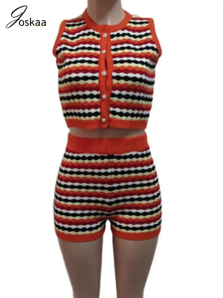 Women's Stripe Knit Sleeveless Two Piece Set Yellow – Detail View