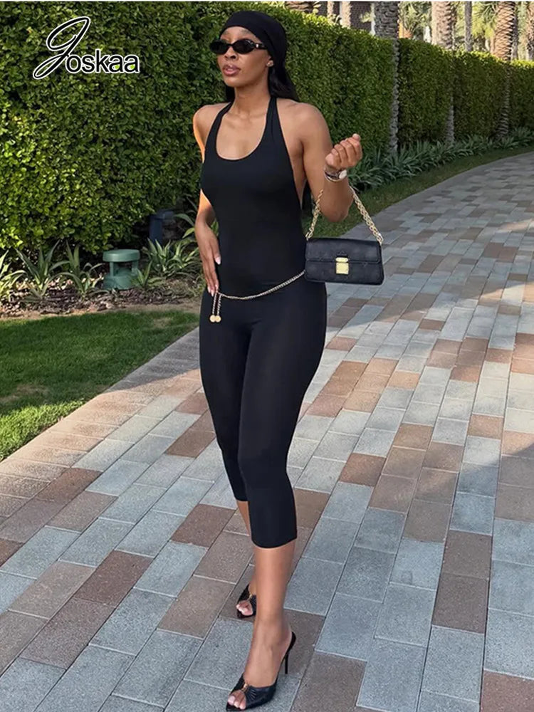 Women's Backless Halter Sleeveless Romper Black – Front View