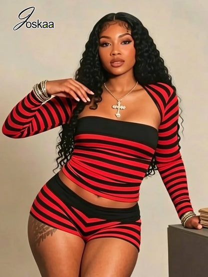 Women's Striped Strapless Long Sleeve Two Piece Set - Side View