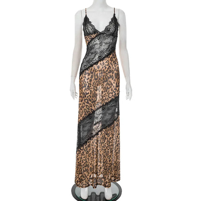 Women's Leopard Print Lace Bodycon Maxi Dress