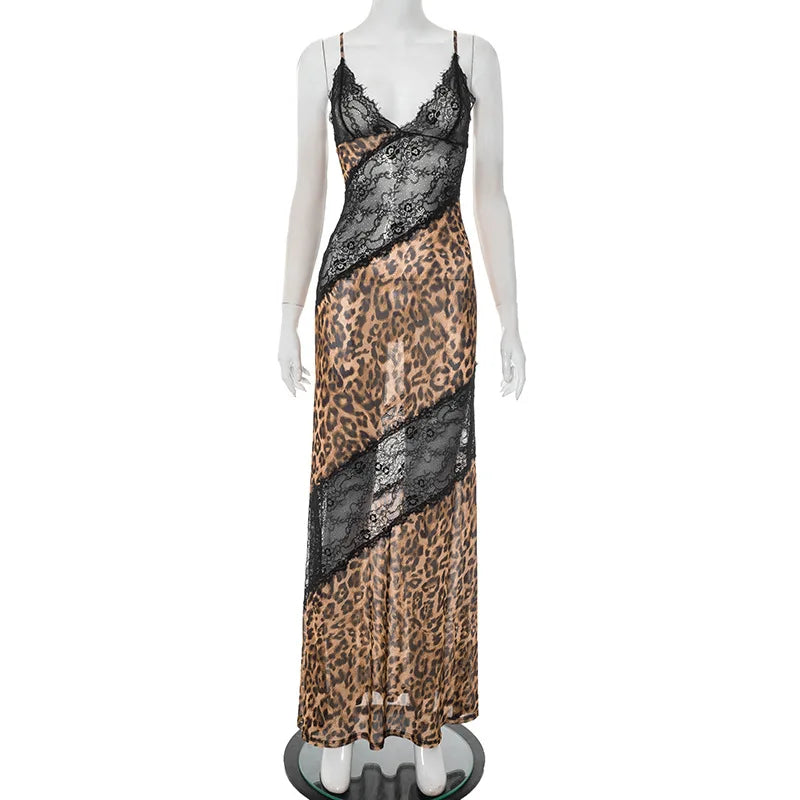 Women's Leopard Print Lace Bodycon Maxi Dress