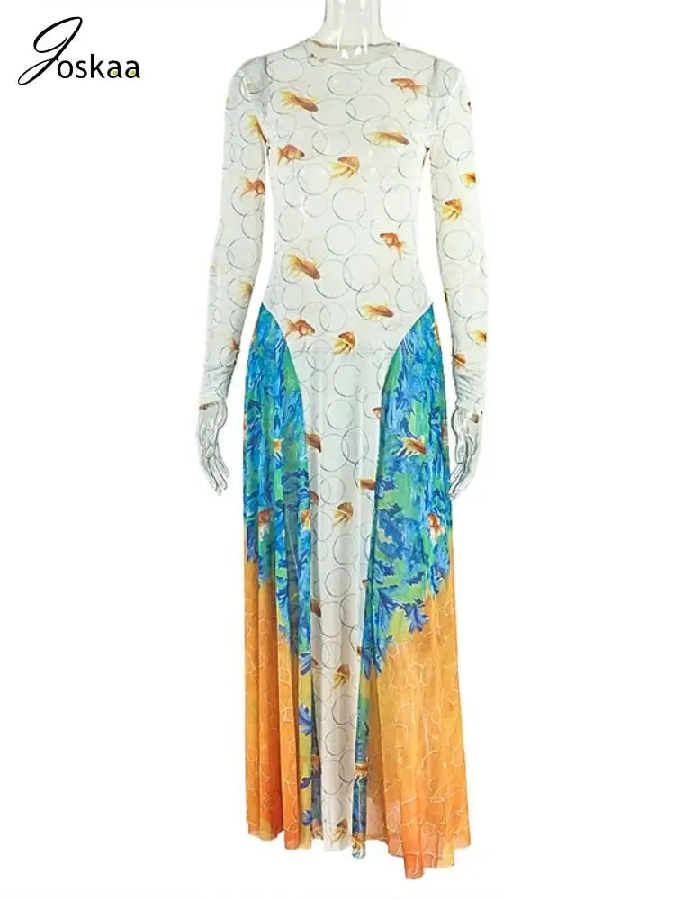 Wholesale Women's Mesh Long Sleeve Bodycon Dress Flower Color – Back View