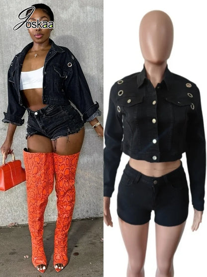 Women's Denim Print Long Sleeve Two Piece Set - Women's Fashion Wholesale - Front View