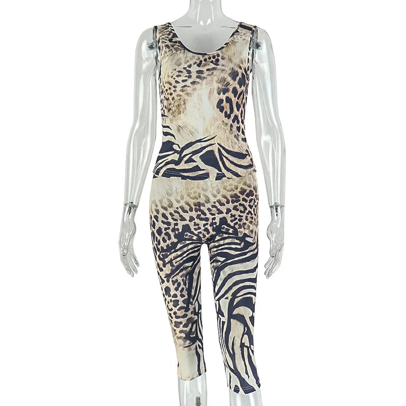 Women's Leopard Print Sleeveless Crop Two Piece Set