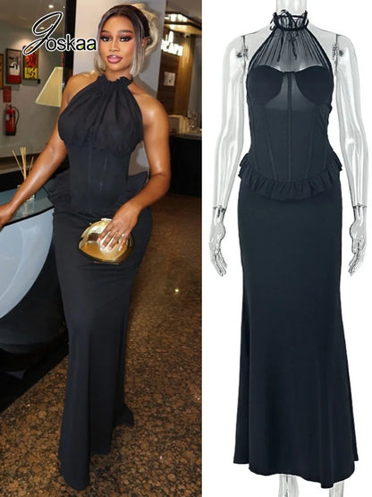 Women's Mesh Backless Halter Bodycon Maxi Dress - Women's Fashion Wholesale - Front View