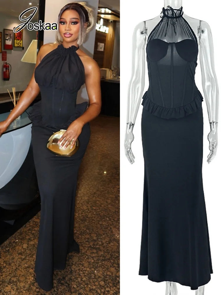 Women's Mesh Backless Halter Bodycon Maxi Dress - Women's Fashion Wholesale - Front View
