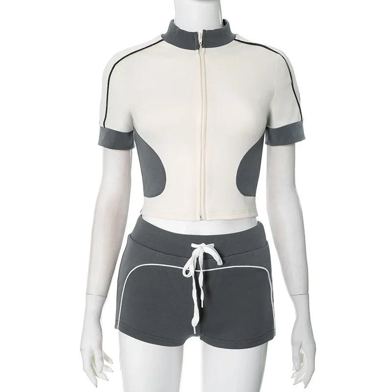 Women's Short Sleeve Crop Zip Two Piece Set