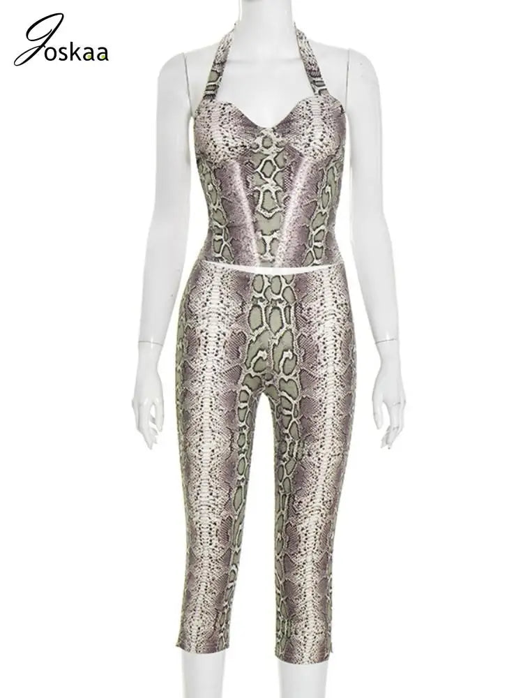 Women's Snake Print Backless Halter Two Piece Set Serpentine – Back View