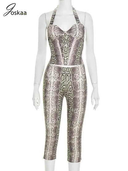 Women's Snake Print Backless Halter Two Piece Set Serpentine – Back View