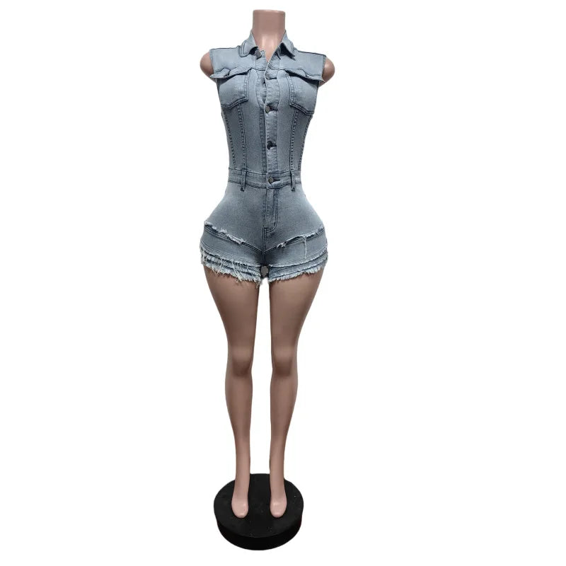 Wholesale Women's Denim Sleeveless Bodycon Romper