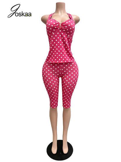 Women's Polka Dot Backless Halter Two Piece Set Rose Red – Back View