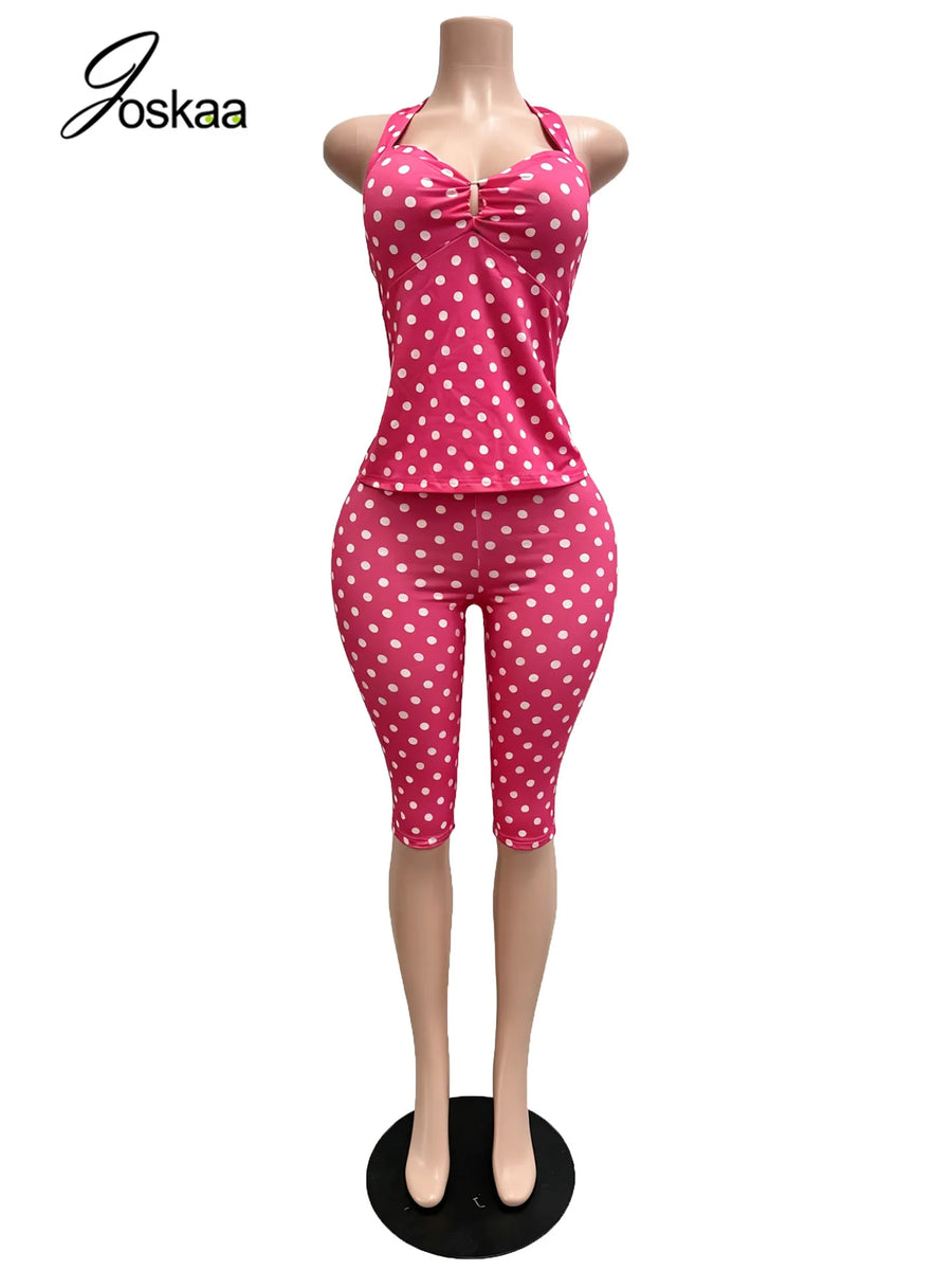 Women's Polka Dot Backless Halter Two Piece Set Rose Red – Back View