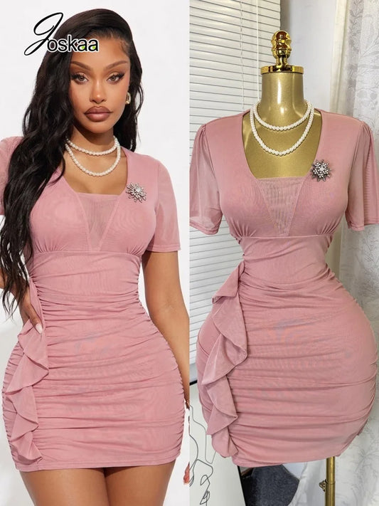Women's Mesh Ruched Bodycon Mini Dress - Women's Fashion Wholesale - Front View