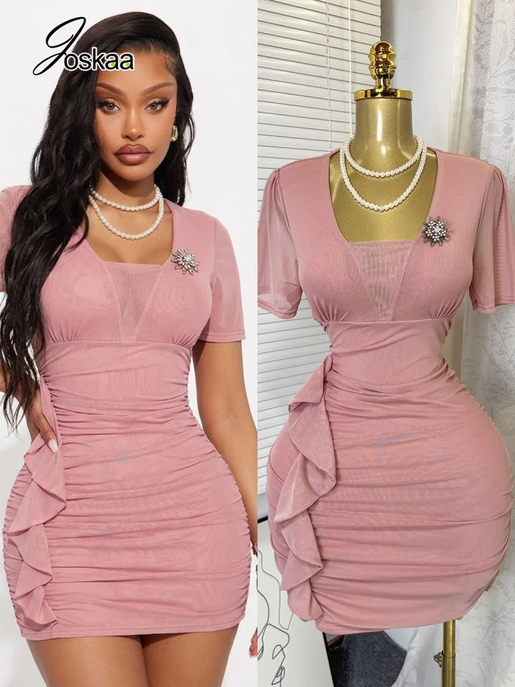 Women's Mesh Ruched Bodycon Mini Dress - Women's Fashion Wholesale - Front View