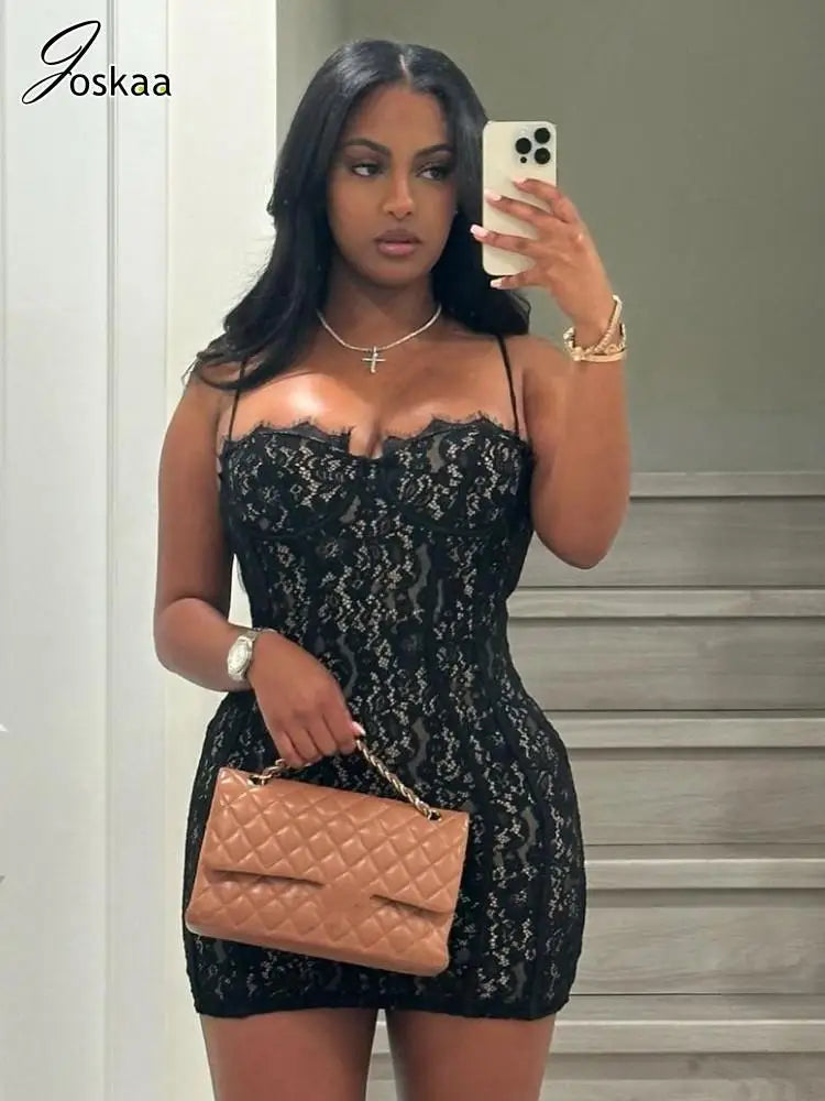 Women's Lace Double Deck Spaghetti Mini Dress Black – Side View