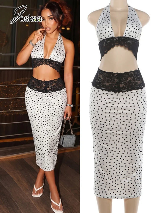 Women's Polka Dot Lace V-neck Halter Two Piece Set - Women's Fashion Wholesale - Front View