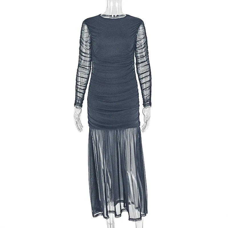 Women's Mesh Long Sleeve Bodycon Maxi Dress