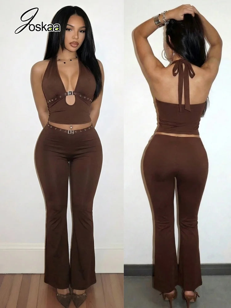 Women's V-neck Halter Wide Leg Two Piece Set - Women's Fashion Wholesale - Front View