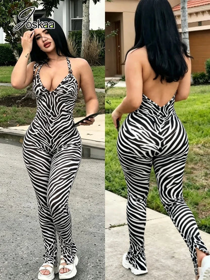 Women's Backless Halter Bodycon Flare Romper Zebra Stripe – Front View