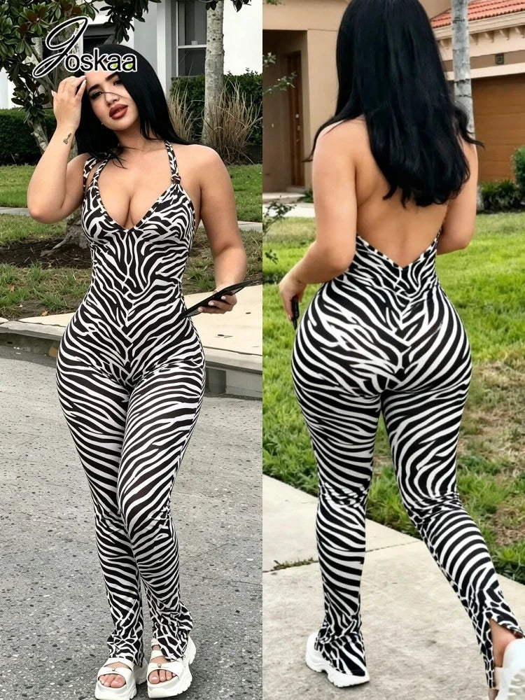 Women's Backless Halter Bodycon Flare Romper Zebra Stripe – Front View