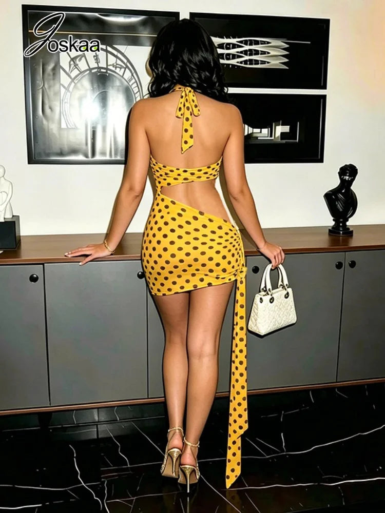 Women's Polka Dot Backless Cutout Halter Mini Dress - Side View