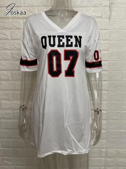 Women's Letter Print Short Sleeve Mini Dress White – Detail View